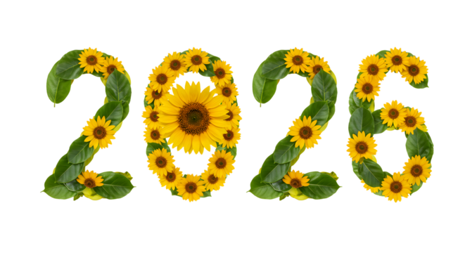 2026 numbers made of green leaves and yellow sunflowers isolated on white background, natural eco concept, perfect for environmental campaigns