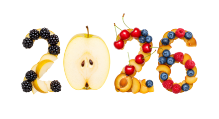 Creative 2026 digits made from fresh fruits including blackberry, apple, cherry, apricot, blueberry and raspberry, perfect for healthy lifestyle concepts