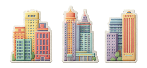 Modern City Buildings in Various Colors and Shapes on Transparent Background