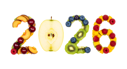 2026 spelled with assorted fresh fruits including apple, banana, blueberry, kiwi, grapes, and raspberry on white background, perfect for healthy lifestyle or nutrition