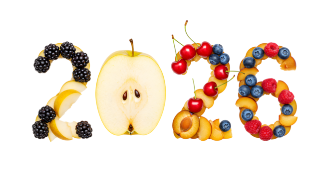Creative 2026 digits made from fresh fruits including blackberry, apple, cherry, apricot, blueberry and raspberry, perfect for healthy lifestyle concepts