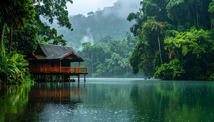 Misty rainforest cabin on a tranquil lake
