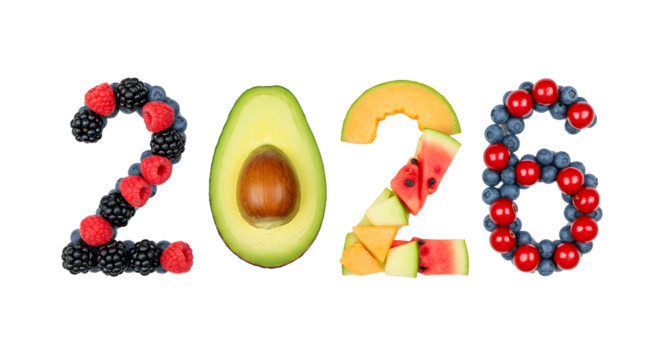 Creative 2026 numbers made with healthy fruits and vegetables including blackberries, avocado, cantaloupe, watermelon, and redcurrant, perfect for New Year or health themes