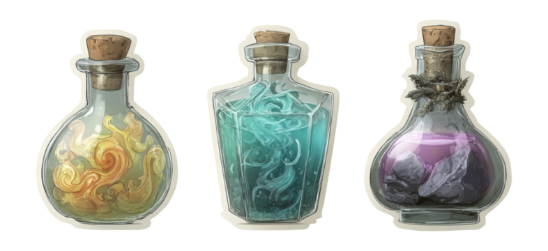 Colorful Potion Bottles with Unique Shapes and Captivating Swirls