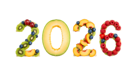 Fresh colorful 2026 numbers made with kiwi, melon, blueberries, peaches, and raspberries, healthy fruit digits perfect for New Year celebrations