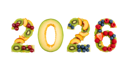 2026 year numbers made from fresh fruits including kiwi, berries, and peaches, creative healthy concept for New Year or celebration design