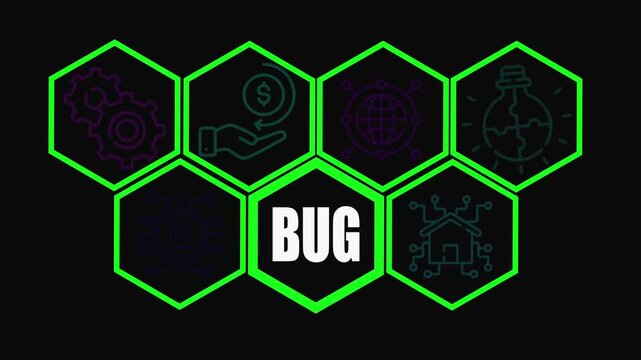 Neon Green Hexagons with Text and Icons on Black Background honeycomb geometric