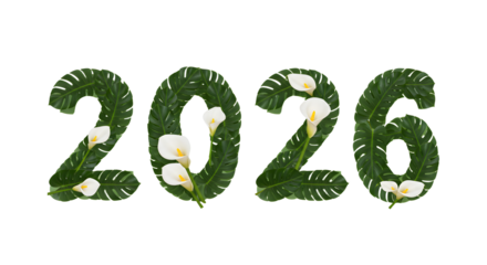 2026 year numbers made of green leaves and white calla lilies, eco friendly and natural decoration perfect for environmental events