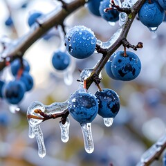 Frozen blueberries on a branch