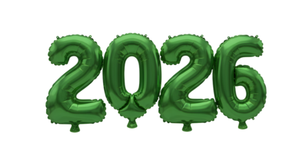 Green foil balloons shaped as 2026 numbers, isolated on white background, perfect for New Year celebrations or milestone events