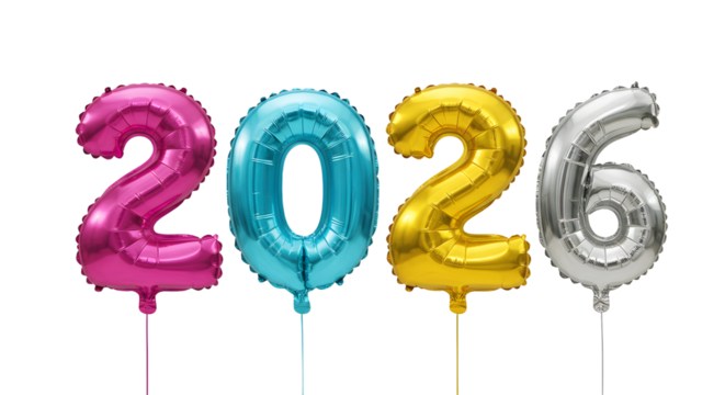 Colorful 2026 number balloons in pink, blue, yellow, and silver on white background, perfect for New Year celebrations and party decorations - Powered by Adobe
