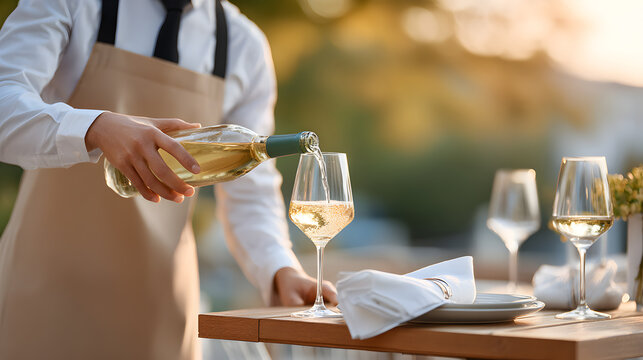 waiter pouring white wine into a wine glass at a restaurant, dining experience