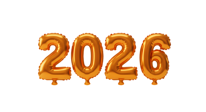 Golden 2026 number balloons isolated on black background, celebration decoration for New Year or milestone events