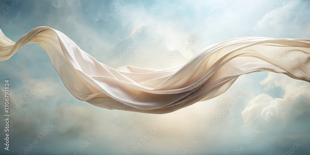 Wall mural elegant cream fabric gracefully flows through a serene sky, creating a captivating and ethereal visu