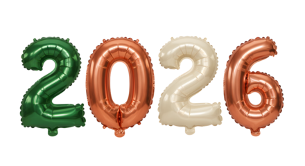 Colorful foil balloons shaped as numbers 2026 with green, copper, and off-white colors perfect for New Year's Eve parties and celebrations