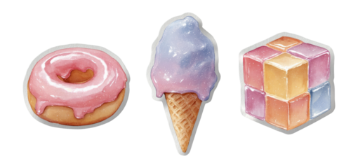 Colorful Illustrations of Dessert and Toy Items with Transparent Background