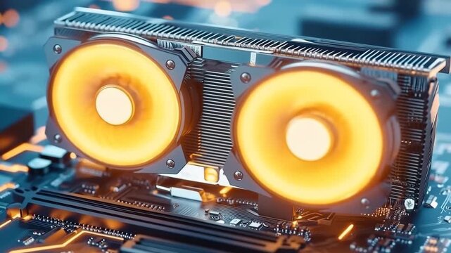 Dual fan graphics card computer hardware electronic component cooling system technology motherboard closeup modern illuminated performance