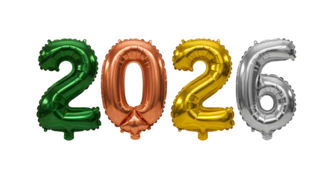 Colorful foil balloons shaped as numbers 2026 in green, copper, gold, and silver, isolated on white background for celebrations and events