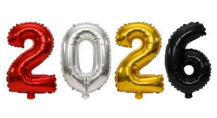 Red, silver, gold, and black 2026 number balloons for celebration and events, perfect for New Year parties and milestone birthdays