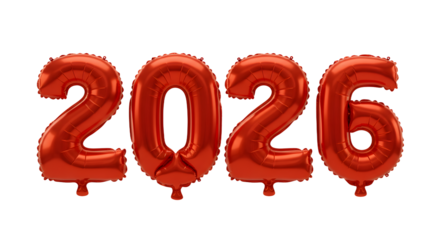 Red metallic balloons shaped as the year 2026, festive decoration perfect for New Year celebrations and party events