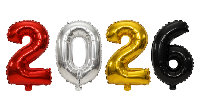 Red, silver, gold, and black 2026 number balloons for celebration and events, perfect for New Year parties and milestone birthdays