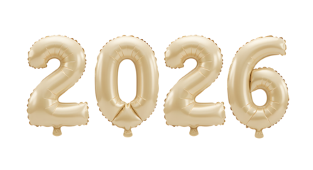 Gold foil balloons forming number 2026 against white background, perfect for New Year celebrations or milestone events