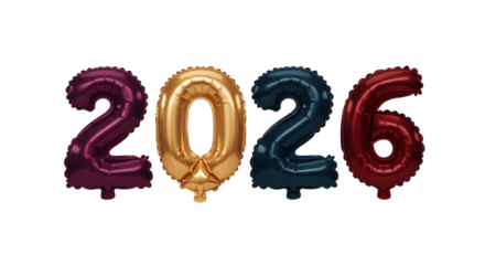 Colorful foil balloons shaped as numbers 2, 0, 2, and 6 in burgundy, gold, blue and red colors on white background, perfect for new year celebrations