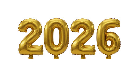 Golden 2026 number balloons isolated on white background, celebration party decoration, festive New Year or anniversary concept