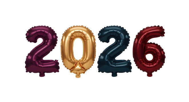 Colorful foil balloons shaped as numbers 2, 0, 2, and 6 in burgundy, gold, blue and red colors on white background, perfect for new year celebrations