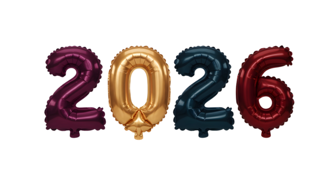 Colorful foil balloons shaped as numbers 2, 0, 2, and 6 in burgundy, gold, blue and red colors on white background, perfect for new year celebrations