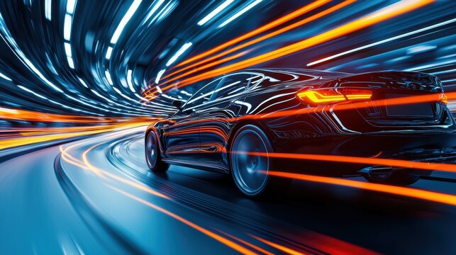 Futuristic car speeding through neon-lit tunnel