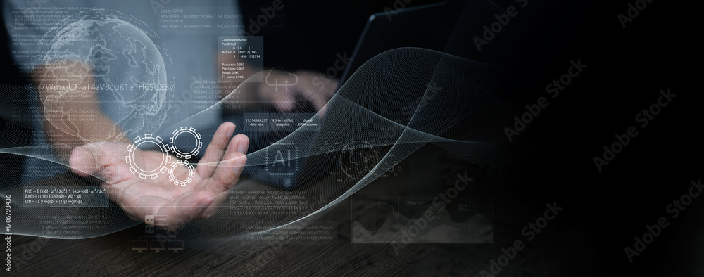 Aufkleber global data science and artificial intelligence background with futuristic analytics, machine learni