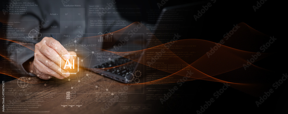 Poster artificial intelligence and data science background with machine learning, analytics, and futuristic