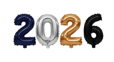 Number balloons in metallic colors 2, 0, 2, 6 representing year 2026 isolated on white background, perfect for New Year celebrations and events