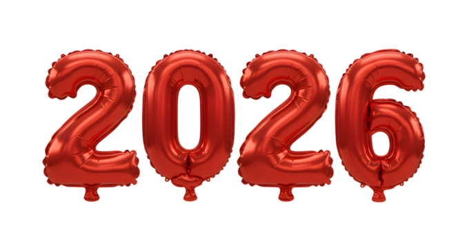 Red foil balloons shaped as number 2026 isolated on white background, perfect for New Year celebrations or future event decorations - Powered by Adobe