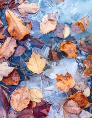 Frozen leaves on a pond