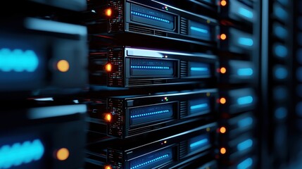 Close-up of illuminated server racks in a data center