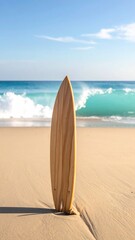Light-brown surfboard on sandy beach, ocean waves