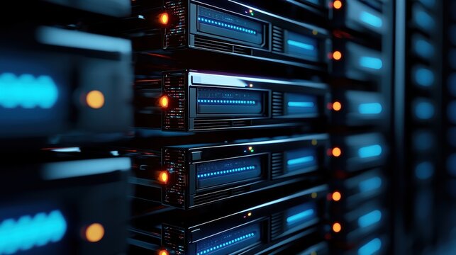 Close-up of illuminated server racks in a data center