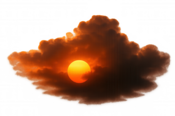 Sun shining through dark clouds with transparent background, creating a dramatic and vibrant sunset atmosphere