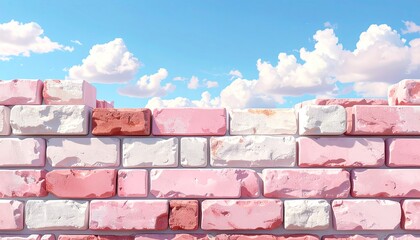 Pastel pink and white brick wall against a pastel sky with fluffy clouds
