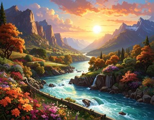 Scenic autumn valley at sunset with a flowing river