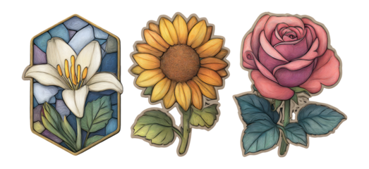 Three Floral Illustrations Featuring Lily, Sunflower, and Rose on Transparent Background