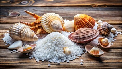 Ocean Treasures A Collection of Seashells Resting on a Pile of Coarse Sea Salt on Rustic Wooden Surface