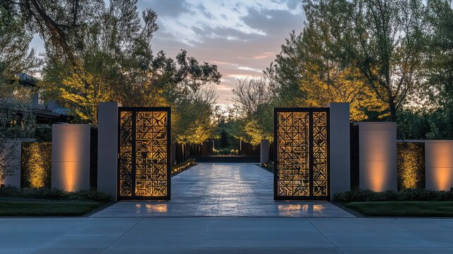 Modern iron main gate featuring geometric patterns, sleek edges, and subtle lighting