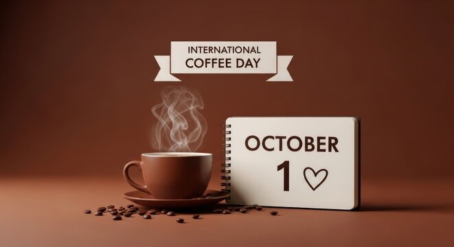 International Coffee Day celebration with a warm coffee cup and an October 1st calendar display