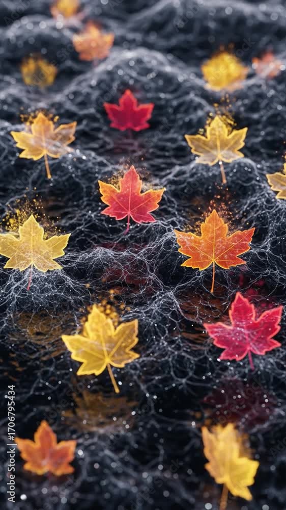 Poster abstract digital rendered autumn leaves with orange yellow and red hues floating over dark textured 