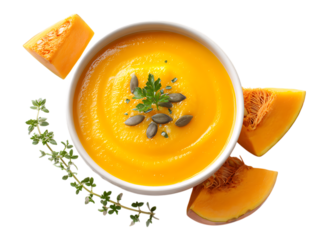 Bowl of fresh pumpkin soup with slice on white background. 