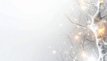 Elegant white background with abstract molecular structure on the right side, gold and silver accents, clean space on the left for text