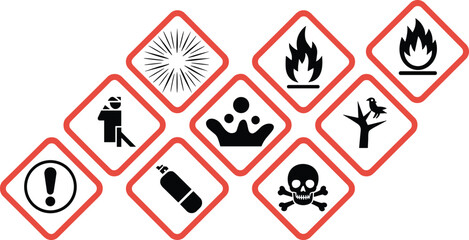 Vector set of hazard and warning icons including fire, toxicity, environment, gas cylinder, and explosion symbols for safety signage and chemical label design.